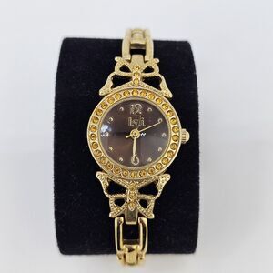 LEI‎ Women's Butterfly Watch 22MM Brown Dial Gold Tone Band 5.75" New Battery